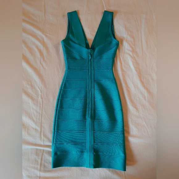 NWOT Bright Teal HERVE LEGER V- Neck Mini Bandage Dress XS $790 - Picture 9 of 14